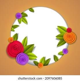 Flowers and leaves beautiful background or frame with blank copy space for text, vector illustration in paper cut style. Wedding invitation or romantic greeting card.