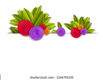 Flowers and leaves beautiful background line element with blank copy space for text, vector illustration in paper cut style. Wedding invitation or romantic greeting card.