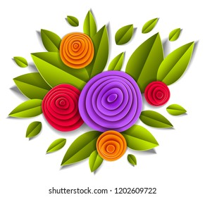 Flowers and leaves beautiful design, vector illustration in paper cut style. Wedding invitation or romantic greeting card.