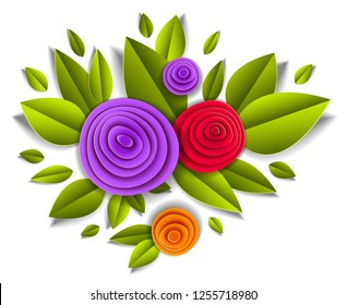Flowers and leaves beautiful design, vector illustration in paper cut style. Wedding invitation or romantic greeting card.
