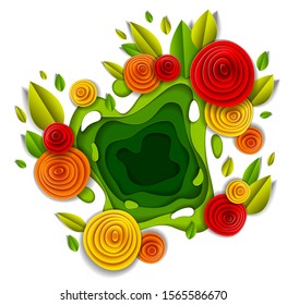 Flowers and leaves beautiful design, vector illustration in paper cut style. Wedding invitation or romantic greeting card.
