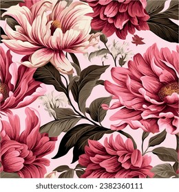 Flowers and leaves beautiful seamless pattern illustration. Fabric motif texture repeated. Floral elements with peony, orchids small bouquet and vintage leaves. Pink color background.