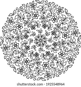 Flowers, leaves and berries in botanical composition. Vector hand drawing, line art. Coloring for adults and children. Mandala. Floral patterns for circular design. 