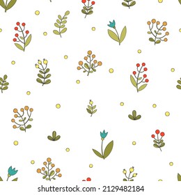 Flowers, leaves, berries. Cartoon plants print. Seamless vector pattern (background).