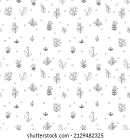 Flowers, leaves, berries. Cartoon plants print. Seamless vector pattern (background).