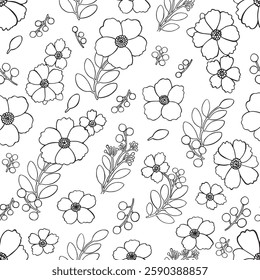 Flowers leaves berries Elements Vector illustration seamless pattern background. Hand painted floral berries flower decor. Spring summer vibes print. For fabric, gift wrap, wrapping paper, bags, cards