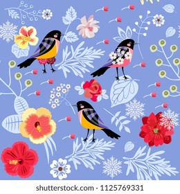 Flowers, leaves, berries, snowflakes and birds on light blue background. Beautiful seamless pattern in vector. Christmas print.