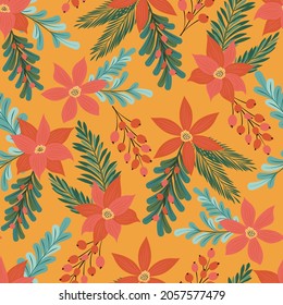 Flowers, leaves, berries and spruce branches. New Years design of fabric, packaging, gift paper. Seamless pattern.