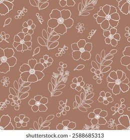 Flowers  leaves berries white Elements Vector illustration seamless pattern. Mocha Mousse background. Hand painted floral berries flower decor. Spring summer vibes print. For fabric, gift, wrapping