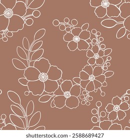 Flowers leaves berries white Elements Vector illustration seamless pattern. Mocha Mousse background. Hand painted floral berries flower decor draw. Spring summer vibes print. Fabric, gift, wrapping