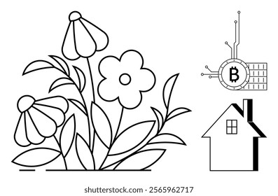 Flowers and leaves in black lines, a small house, a Bitcoin symbol connected with lines. Ideal for digital finance, nature, futuristic themes, real estate, technology integration. Clean, minimal