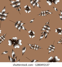 flowers and leaves with black and white on a light brown color