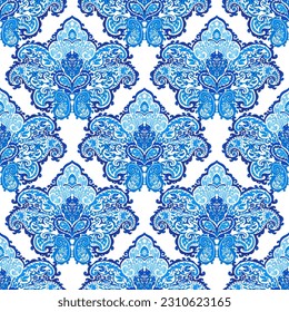 Flowers and leaves in blossom, blooming flora decoration. Paisley design with branches and twigs, spring and summer vegetation. Seamless pattern, wallpaper print or background. Vector in flat style