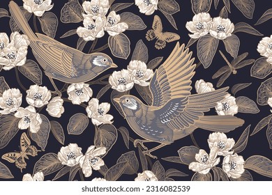 Flowers and leaves of Blossoming tree. Birds on branches, butterflies, dragonfly. Gold on black background. Floral seamless pattern. Spring Vector illustration. Vintage. Template for wallpaper, paper.