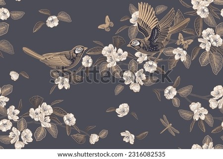 Flowers and leaves of Blossoming tree. Birds on branches, butterflies, dragonfly. Gold on grey background. Floral seamless pattern. Spring Vector illustration. Vintage. Template for wallpaper, paper.