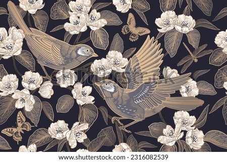 Flowers and leaves of Blossoming tree. Birds on branches, butterflies, dragonfly. Gold on black background. Floral seamless pattern. Spring Vector illustration. Vintage. Template for wallpaper, paper.