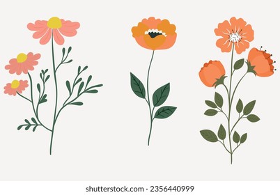 Flowers with leaves, bouquets of flowers. Flowers vector image. Spring art print.