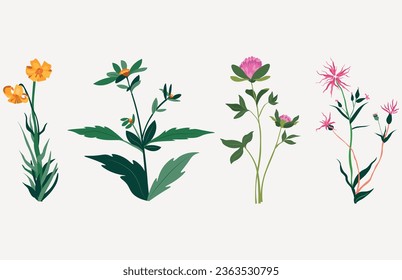 Flores con hojas, ramos de flores. Flores de imagen vectorial. Impresión de arte de primavera.
