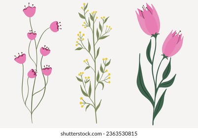 Flowers with leaves, bouquets of flowers. Flowers vector image. Spring art print.
