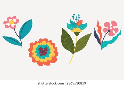 Flores con hojas, ramos de flores. Flores de imagen vectorial. Impresión de arte de primavera.