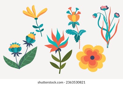 Flores con hojas, ramos de flores. Flores de imagen vectorial. Impresión de arte de primavera.