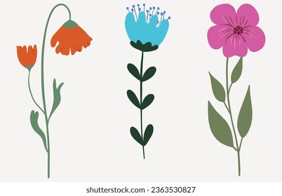 Flowers with leaves, bouquets of flowers. Flowers vector image. Spring art print.
