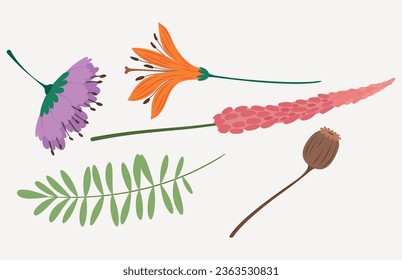 Flowers with leaves, bouquets of flowers. Flowers vector image. Spring art print.