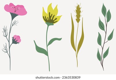 Flowers with leaves, bouquets of flowers. Flowers vector image. Spring art print.