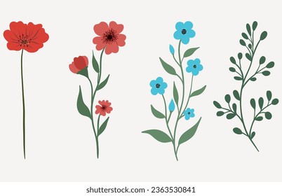 Flowers with leaves, bouquets of flowers. Flowers vector image. Spring art print.