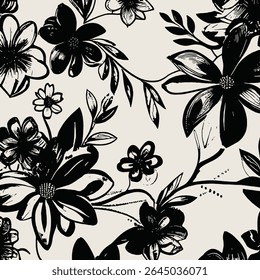 flowers, leaves and branches of different sizes detailed with black lines on a cream-colored background