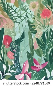 Flores, hojas y ramas. Ilustración vectorial de acuarela floral tropical dibujada a mano para tela. Fondo vectorial para tu afiche, web y banner.