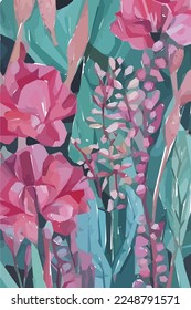 Flores, hojas y ramas. Ilustración vectorial de acuarela floral tropical dibujada a mano para tela. Fondo vectorial para tu afiche, web y banner.