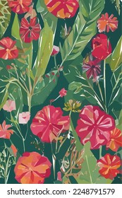 Blumen, Blätter und Äste. Handgezeichnete tropische Blütenfarbe, Vektorgrafik für Stoff. Vektorhintergrund für Poster, Web und Banner.