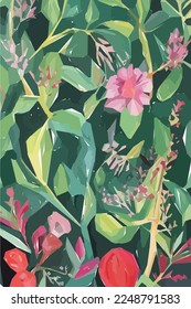 Flores, hojas y ramas. Ilustración vectorial de acuarela floral tropical dibujada a mano para tela. Fondo vectorial para tu afiche, web y banner.