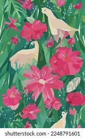 Flores, hojas y ramas. Ilustración vectorial de acuarela floral tropical dibujada a mano para tela. Fondo vectorial para tu afiche, web y banner.