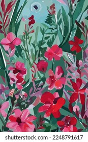 Flowers, leaves and branches. Hand drawn tropical floral watercolor vector illustration for fabric. Vector background for your poster, web and banner.