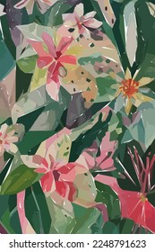 Flores, hojas y ramas. Ilustración vectorial de acuarela floral tropical dibujada a mano para tela. Fondo vectorial para tu afiche, web y banner.