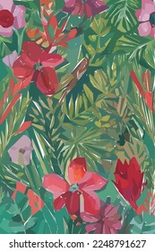 Flowers, leaves and branches. Hand drawn tropical floral watercolor vector illustration for fabric. Vector background for your poster, web and banner.