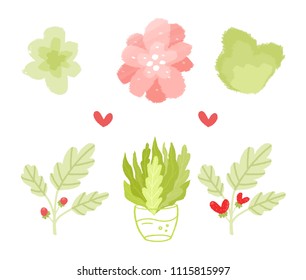 Flowers, leaves, branches, hearts, berries. Botanical flowers and leaves illustration vector set.