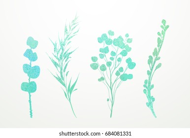 Flowers, leaves and branches, Imitation of watercolor, isolated on white. Sketched wreath, floral and herbs garland. Handdrawn Vector Watercolour style, nature illustration.