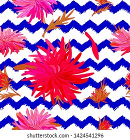 Flowers, leaves, buds, petals of coral-colored chrysanthemums. Seamless vector illustration, background zigzag lines in bright blue is hand-drawn brush background. Summer flowers, geometric background