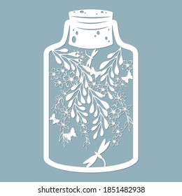 Flowers and leaves with butterflies and dragonflies in a glass jar. Laser cut. Vector illustration. Pattern for the laser cut, serigraphy, plotter and screen printing.