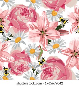 Flowers and leaves, can be used as greeting card, invitation card for wedding, birthday and other holiday and summer background with roses, lilies, daisy. 