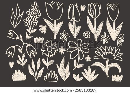 Flowers and leaves chalk drawn set on school blackboard. Summer floral kids elements. Pastel style childish shape. Vector naive pencil illustration on dark background.