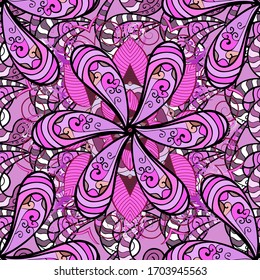 Flowers with leaves and chamomile with cornflowers on pink, black and neutral colors. Vector - stock. Seamless background pattern.