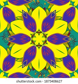 Flowers with leaves and chamomile with cornflowers on green, yellow and blue colors. Vector - stock. Seamless background pattern.