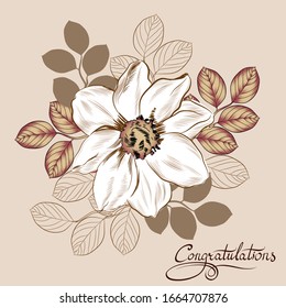 Flowers and leaves collected in the composition, drawn in a graphic sketch. Birthday card, wedding, certificate, summer sale, discounts, background element