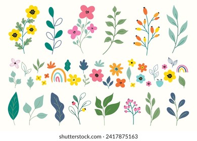 Flowers and leaves collection. Spring botanical set of blooming flowers, isolated on white background.