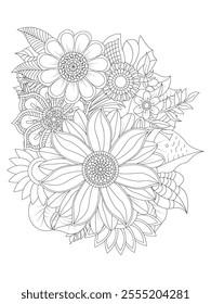 Flowers Leaves Coloring page Adult.Contour drawing