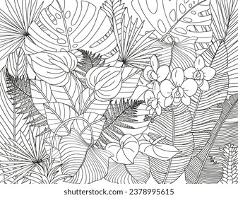 Flowers and leaves. Coloring page for children and adults.